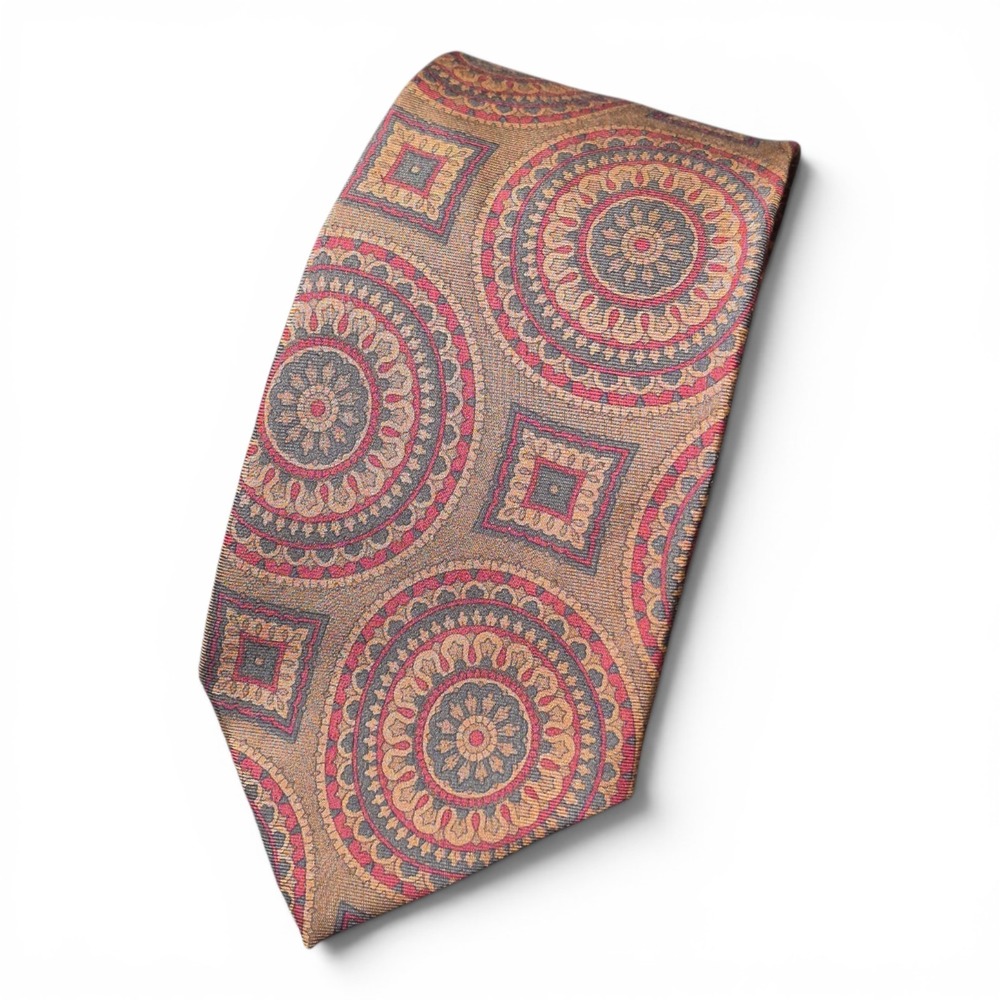 VTG‎ Burberrys London Men's Silk Medallion Necktie Brown Red Blue USA